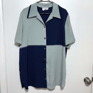 Vintage Betsys Things 90s Colorblock Button Up Top 18W Blue Short Sleeve Retro